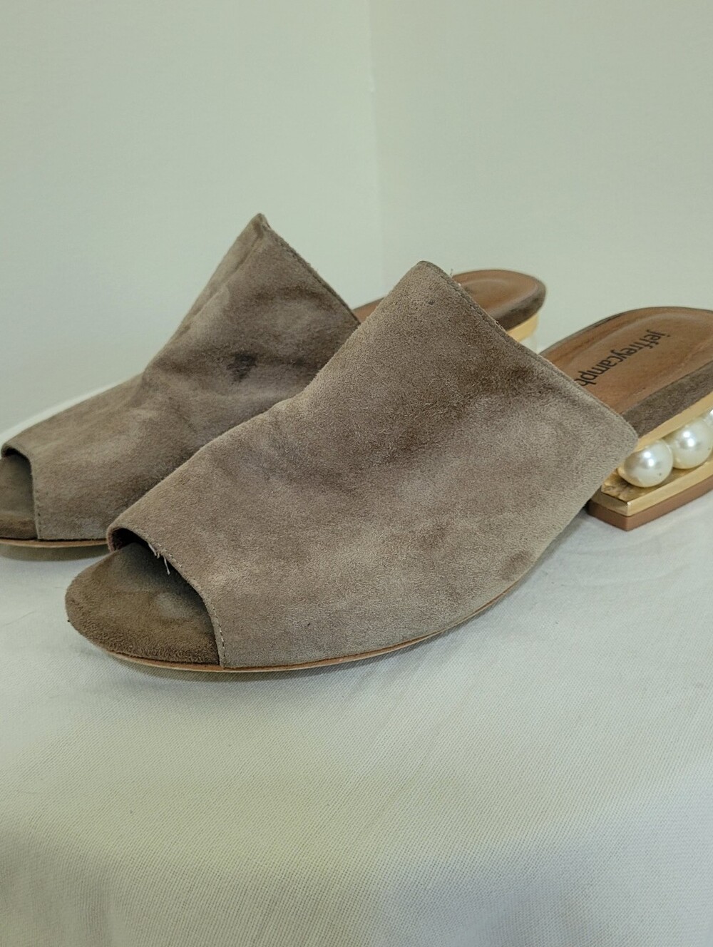 Jeffrey Campbell Women's Arcita Suede Mule Peep-Toe Pearl-Heel Sandal 6 Tan